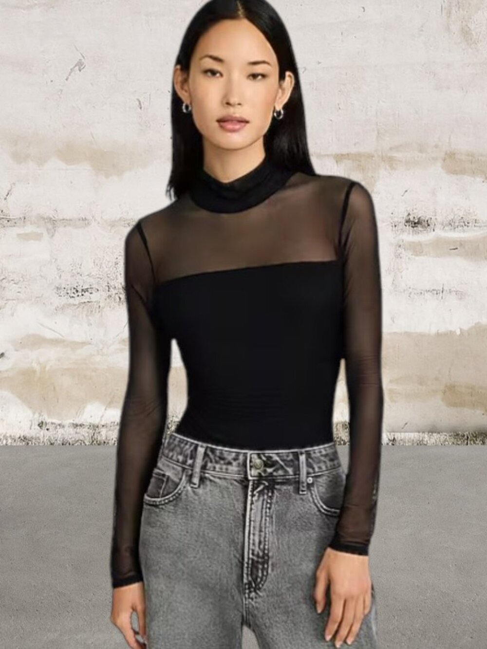 Express Mesh Mock Neck Long Sleeve Ruched Bodysuit Size Small